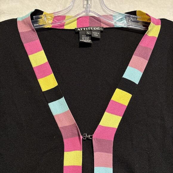 Attitude Knit Single Hook Closure Cardigan Large Black Color block Trim Stretch - Picture 12 of 14